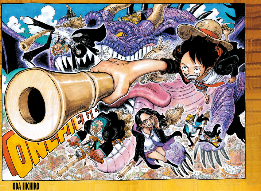 2girls 6+boys brook_(one_piece) broom broom_riding dragon fangs flying franky_(one_piece) glasses handlebar hat highres hood hooded_coat jinbe_(one_piece) midair miniskirt monkey_d._luffy multiple_boys multiple_girls nami_(one_piece) necktie nico_robin oda_eiichirou official_art one_piece roronoa_zoro sanji_(one_piece) sharp_teeth skirt straw_hat teeth third-party_source tony_tony_chopper usopp