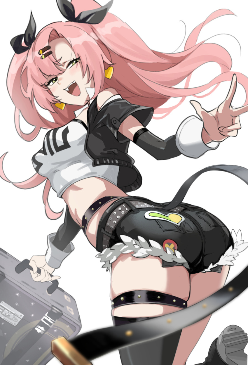 ass black_jacket black_ribbon black_thighhighs breasts briefcase crop_top earrings female from_behind hair_ornament hair_ribbon hairclip heart heart_earrings highres holding holding_briefcase jacket jewelry long_hair medium_breasts mole mole_under_eye nicole_demara niihatigounana open_mouth pink_hair ribbon single_bare_leg solo stomach teeth thigh_strap thighhighs thighs twintails upper_teeth_only white_background zenless_zone_zero