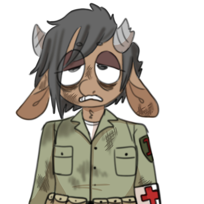 1:1 2022 ambiguous_gender anthro bovid bovine broken_horn brown_body brown_fur cattle clenched_teeth clothed clothing digital_media_(artwork) dirty eye_bags fur grey_hair grey_horn hair hi_res horn mammal manitka manitka_(character) medic military military_uniform neck_tuft red_cross shirt simple_background solo soot teeth tired topwear tuft uniform white_background white_clothing white_shirt white_topwear world_war_2