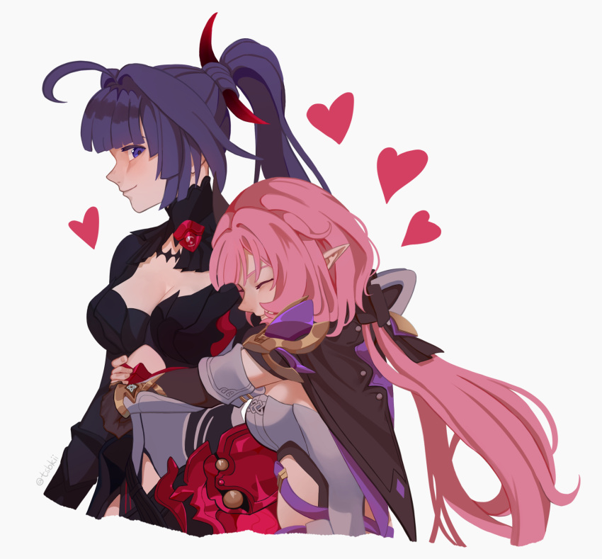 2girls ahoge black_dress breasts cleavage closed_eyes clothing_cutout corset dress elf elysia_(honkai_impact) elysia_(miss_pink_elf)_(honkai_impact) hair_ornament heart highres honkai_(series) honkai_impact_3rd hug hug_from_behind large_breasts long_hair multiple_girls pink_hair pointy_ears ponytail purple_eyes purple_hair raiden_mei raiden_mei_(danzai_spectramancer) side_cutout simple_background tsbkii_289 upper_body white_background white_corset yuri