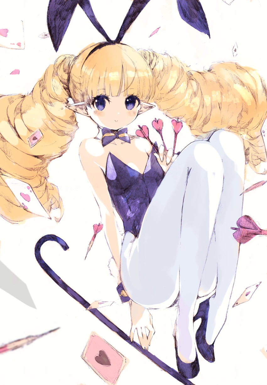 animal_ear_hairband animal_ears archer_(disgaea) bare_shoulders blonde_hair blue_eyes blue_leotard blunt_bangs blush breasts cane card collarbone commentary_request detached_sleeves disgaea drill_hair eyelashes fake_animal_ears female flat_chest hairband high_heels highres holding holding_cane holding_dart kakuwashi knees_up leotard long_hair looking_at_viewer makai_senki_disgaea pantyhose playboy_bunny playing_card pointy_ears rabbit_ear_hairband rabbit_ears simple_background smile solo twin_drills twintails very_long_hair white_background white_pantyhose