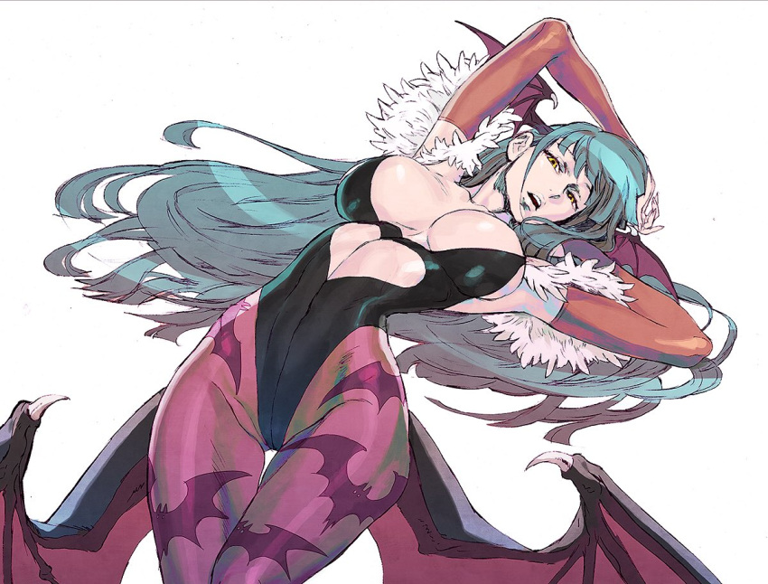 animal_print aqua_hair armpits arms_behind_head arms_up bare_shoulders bat_(animal) bat_print bat_wings black_footwear black_leotard boots breasts bridal_gauntlets center_opening cleavage clothing_cutout darkstalkers demon_girl feathers feet_out_of_frame female floating_hair full_body head_wings heart_cutout highleg highleg_leotard hip_focus large_breasts leaning_back legs leotard long_hair looking_at_viewer midriff morrigan_aensland nishimura_kinu open_mouth pantyhose print_pantyhose purple_pantyhose sideboob simple_background skin_tight solo thigh_gap upper_body very_long_hair white_background wide_hips wings yellow_eyes