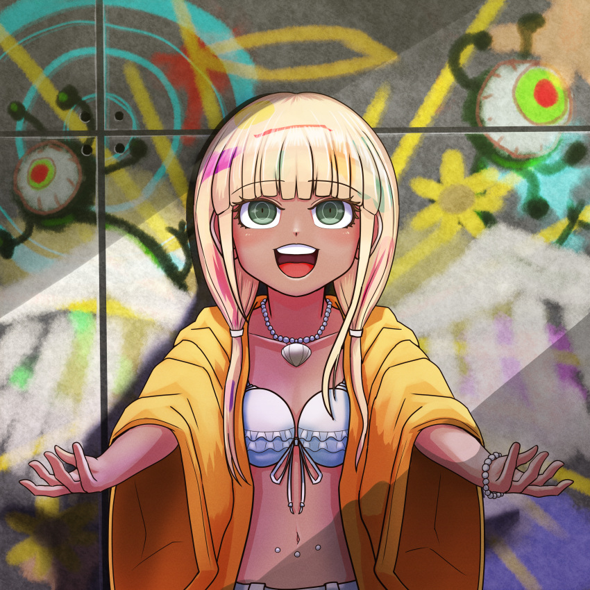 absurdres bead_bracelet bead_necklace beads bikini blonde_hair blunt_bangs bracelet breasts collarbone commentary_request danganronpa_(series) danganronpa_v3:_killing_harmony dark-skinned_female dark_skin eyelashes female foxmofumofu frilled_bikini frills ganguro graffiti green_eyes halo happy highres jewelry long_hair long_sleeves looking_up low_twintails navel_piercing necklace open_mouth piercing ringed_eyes shell shell_necklace smile solo swimsuit teeth twintails upper_body wide_sleeves yellow_raincoat yonaga_angie