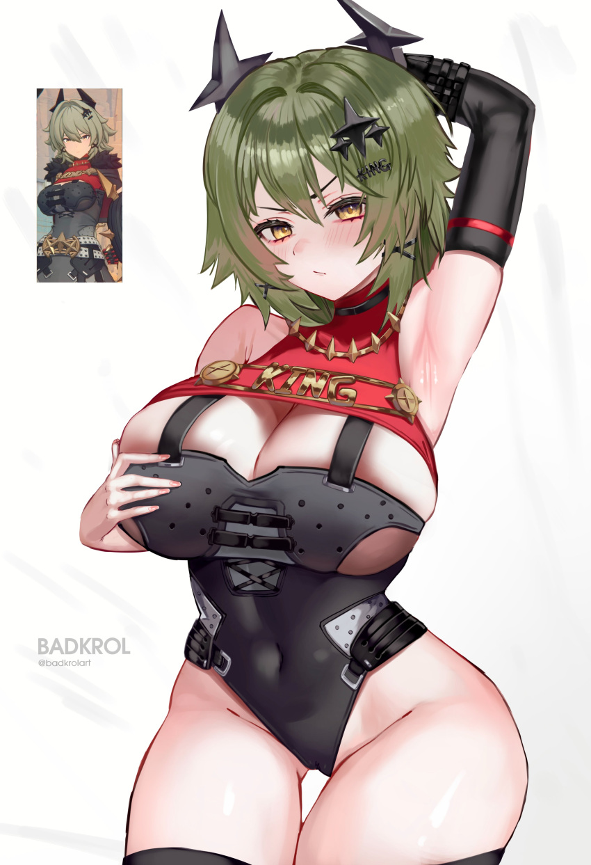 :/ absurdres arm_behind_head arm_up armpits artist_name badkrol bare_shoulders black_choker black_gloves black_horns black_leotard black_thighhighs blush breasts caesar_king_(zenless_zone_zero) choker cleavage covered_navel cropped_shirt elbow_gloves female gloves green_hair hair_between_eyes hair_intakes hair_ornament hand_on_own_chest highres horns jewelry large_breasts leotard long_hair looking_at_viewer nail_polish photo_inset red_shirt reference_inset shirt single_elbow_glove sleeveless sleeveless_turtleneck solo thigh_gap thighhighs thighs turtleneck twitter_username v-shaped_eyebrows x_hair_ornament yellow_eyes zenless_zone_zero