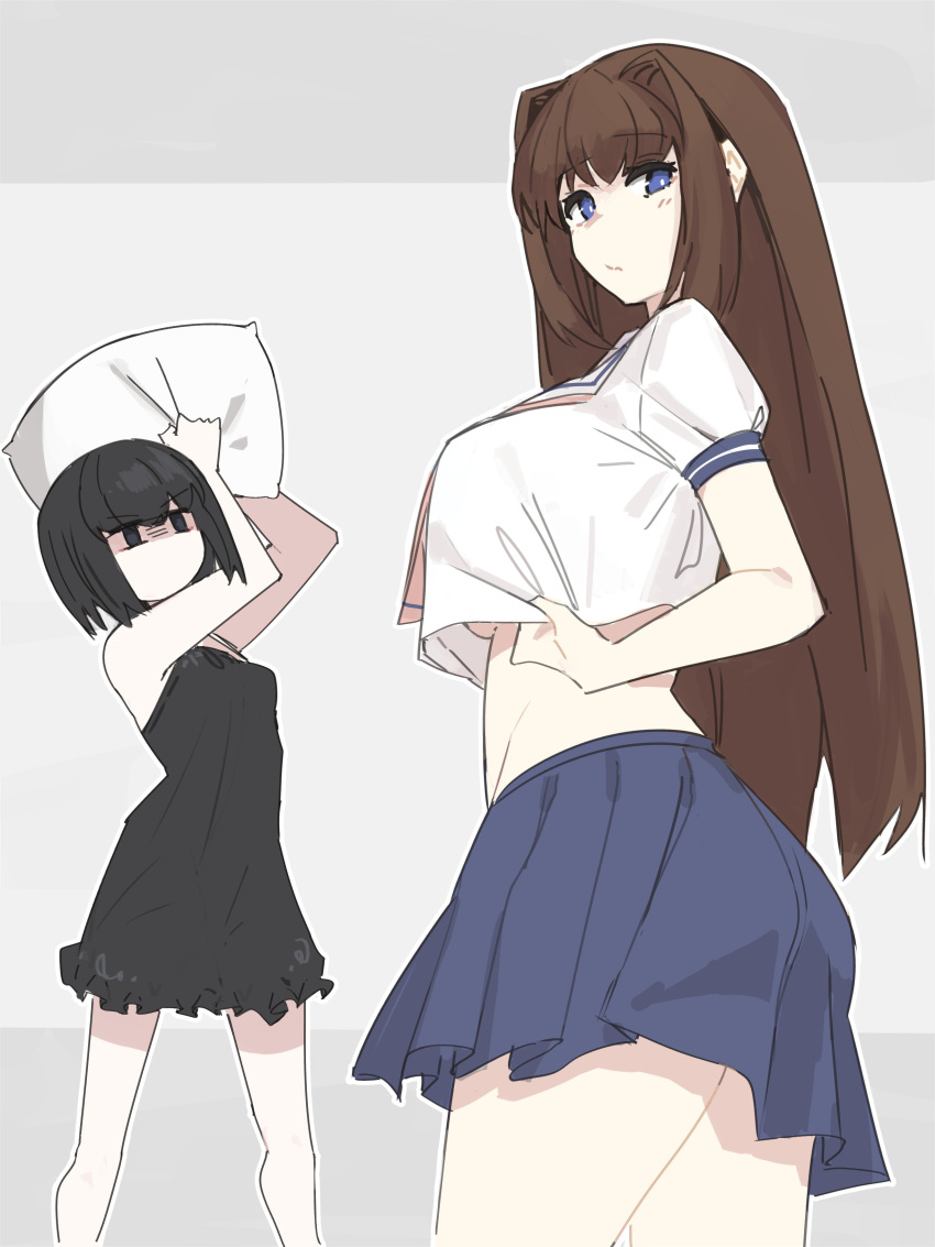 2girls absurdres aozaki_aoko ass black_hair blunt_bangs blush bob_cut breasts brown_hair choppy_bangs cowboy_shot highres jonyeld kuonji_alice large_breasts long_hair looking_at_viewer mahou_tsukai_no_yoru miniskirt multiple_girls nightgown out_of_frame pillow pleated_skirt school_uniform sidelocks simple_background skirt underboob