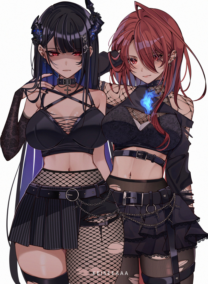 2girls absurdres ahoge alternate_costume arm_behind_head artist_name asymmetrical_horns belt black_belt black_collar black_hair black_pantyhose black_skirt blue_fire blue_hair breasts casual chains cleavage closed_mouth collar colored_inner_hair commentary contemporary crop_top cropped_legs cross cross_earrings demon_horns ear_piercing earrings elizabeth_rose_bloodflame english_commentary expressionless fire fishnet_pantyhose fishnet_top fishnets goth_fashion grey_background hair_between_eyes hair_ornament hand_in_own_hair high-waist_pantyhose highres hololive hololive_english horns huge_ahoge jewelry keisea lace-trimmed_skirt lace_sleeves lace_trim large_breasts layered_skirt long_hair long_sleeves looking_at_viewer looking_down miniskirt mole mole_under_eye multicolored_hair multiple_girls navel navel_piercing nerissa_ravencroft pantyhose piercing red_eyes red_hair skirt solo spiked_collar spikes torn_clothes torn_pantyhose two-tone_background two-tone_hair uneven_horns very_long_hair virtual_youtuber white_background