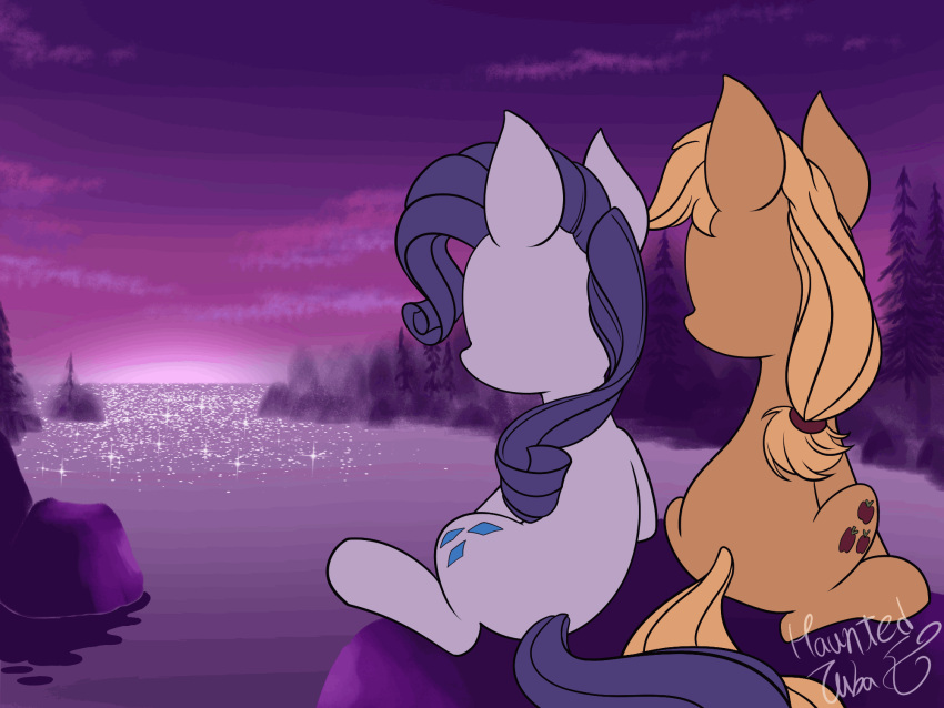 animated applejack_(mlp) color_banding duo equid equine female female/female friendship_is_magic hasbro hauntedtuba hi_res horn horse mammal my_little_pony mythological_creature mythological_equine mythology pony rarity_(mlp) rock scenery twilight unicorn water