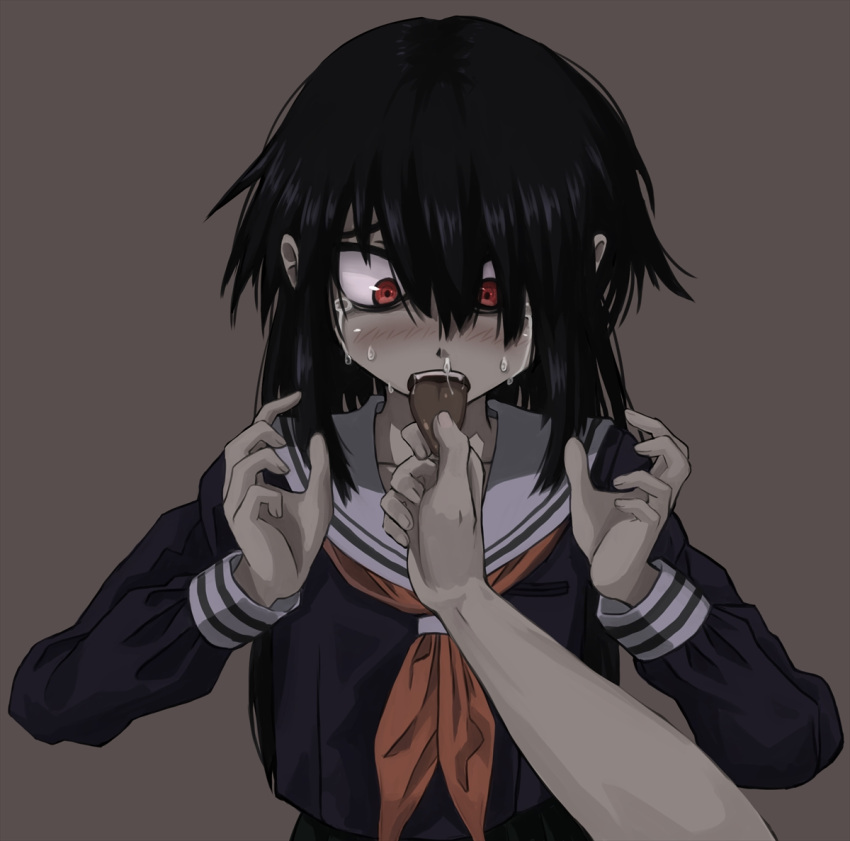 1boy black_hair commentary_request female grey_background hair_over_one_eye izumozaki_neneko long_hair looking_at_viewer neckerchief onimushi_hyogo red_eyes school_uniform serafuku shironagasu-tou_e_no_kikan simple_background solo_focus sweat tongue tongue_grab tongue_out