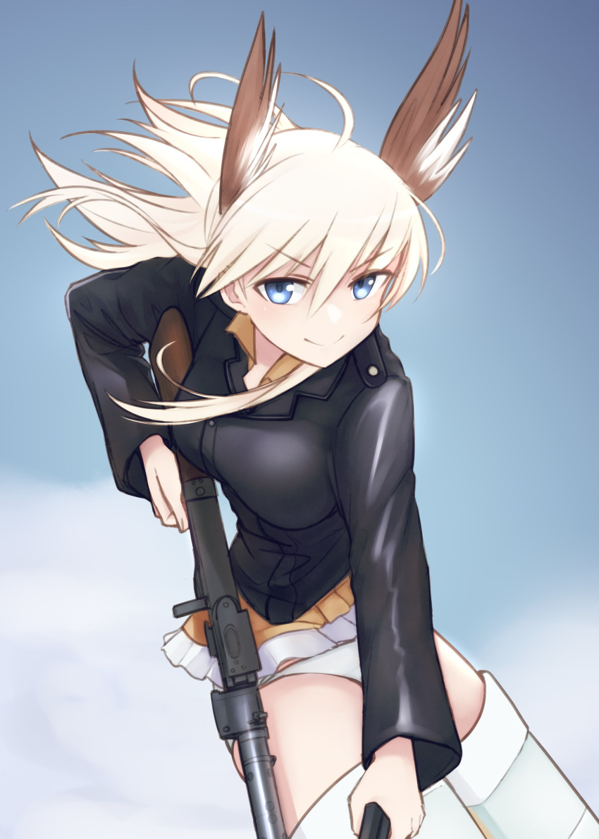 absurdres ahoge black_jacket blonde_hair blue_eyes breasts closed_mouth cowboy_shot female gun hair_between_eyes hanna-justina_marseille head_wings highres holding holding_gun holding_weapon jacket long_hair long_sleeves looking_at_viewer m1saki_1 machine_gun medium_breasts mg34 military panties skirt smile solo strike_witches striker_unit thighs underwear weapon white_panties wings world_witches_series yellow_skirt