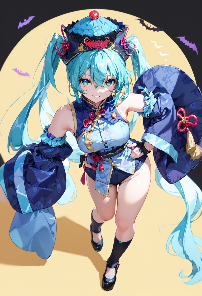 absurdres ai-generated aqua_eyes aqua_hair bad_anatomy bad_hands breasts chinese_clothes detached_sleeves female floating_hair halloween halloween_costume hand_on_own_hip hat hatsune_miku highres jiangshi long_hair long_sleeves medium_breasts off-topic qingdai_guanmao simple_background thighs twintails vocaloid wide_sleeves