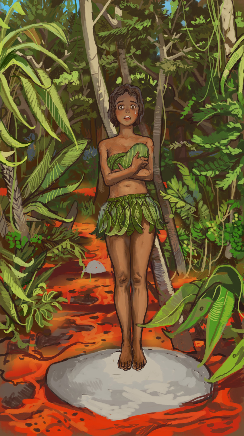 absurdres baby bare_shoulders barefoot brown_hair commentary dark-skinned_female dark_skin english_commentary feet female fire forest full_body highres holding_baby jungle lava leaf_bra leaf_skirt looking_at_viewer mossacannibalis nature navel outdoors pineapple_on_pizza rock short_hair spoilers standing straight-on tearing_up thighs toes