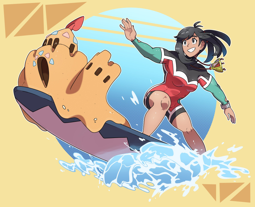 absurdres aged_up black_eyes black_hair bodysuit breasts diving_suit female grin highres jewelry juno_son long_hair medium_breasts necklace palossand pokemon pokemon_sm selene_(pokemon) simple_background smile solo surfboard surfing tan toned water waves wetsuit yellow_background