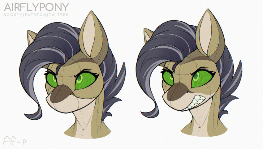 2022 airfly-pony angry anthro biomechanical elepatrium_universe female green_sclera grey_hair grin hair helicopter_head hi_res ka-52 laimaline looking_up mask mechform portrait sharp_teeth simple_background smile solo teeth