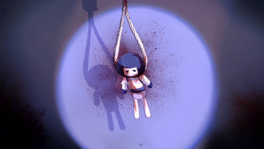 absurdres blood blood_on_clothes blood_splatter dangling doll dterl genshin_impact hanged hanging highres implied_suicide noose rope_around_neck sad scaramouche_(genshin_impact) shadow spotlight teardrop tears