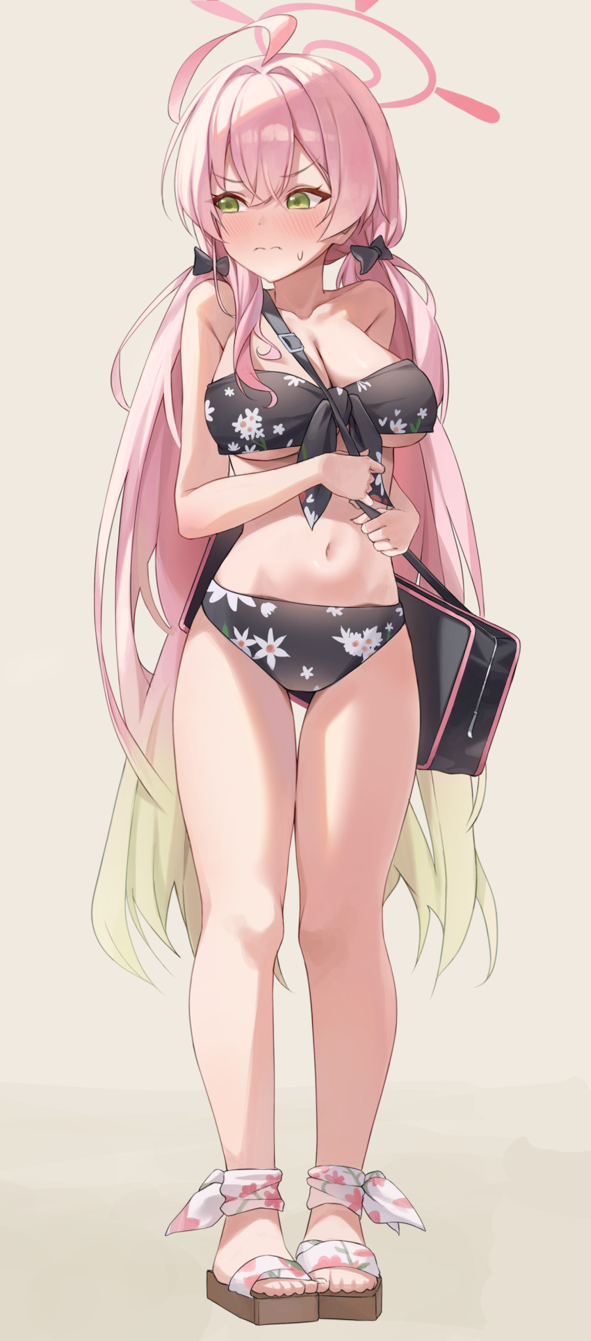 absurdres ahoge bag bikini black_bag black_bikini blue_archive blush body_switch breasts brown_footwear cleavage commentary_request cosplay costume_switch female floral_print_bikini gradient_hair green_eyes green_hair hair_between_eyes halo hanako_(blue_archive) highres koharu_(blue_archive) koharu_(blue_archive)_(cosplay) koharu_(swimsuit)_(blue_archive) korean_commentary large_breasts light_brown_background long_hair looking_to_the_side low_twintails multicolored_hair navel nose_blush personality_switch pink_hair pink_halo shoulder_bag simple_background solo standing stomach sweat swimsuit thighs toes twintails um_111 v-shaped_eyebrows very_long_hair