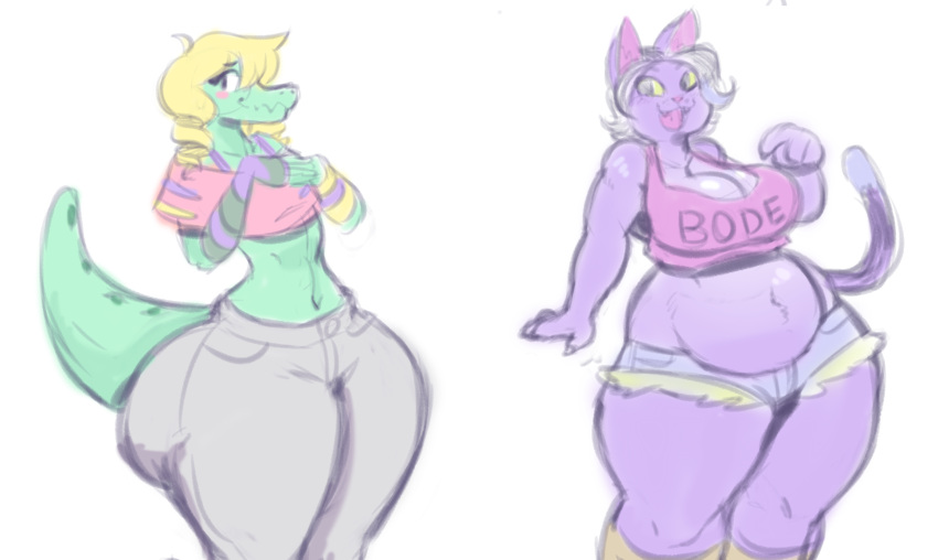 ahoge alligator alligatorid angstrom anthro ass belly big_breasts big_butt biped black_hair blonde_hair bottom_heavy bottomwear bra_strap bratty_(undertale) breast_size_difference breasts bubble_butt butt_size_difference catty_(undertale) cheek_spots cleavage clothed clothing crocodilian crop_top cute_fangs cutoffs denim denim_bottomwear denim_clothing domestic_cat drill_curls duo felid feline felis female green_body hair hi_res huge_butt huge_hips jeans looking_at_viewer mammal midriff navel open_mouth open_smile pants pink_nose pose purple_body reptile scalie shirt short_hair shorts simple_background slightly_chubby slightly_chubby_anthro slightly_chubby_female small_breasts small_waist smile spikes spikes_(anatomy) standing tail text text_on_clothing text_on_crop_top text_on_shirt text_on_topwear thick_tail thick_thighs three-quarter_view topwear undertale undertale_(series) white_background wide_hips