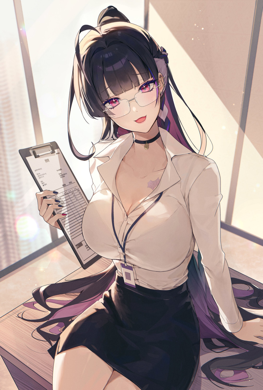 absurdres ahoge black_choker black_hair blunt_bangs bra_visible_through_clothes braid breasts building chest_tattoo choker cleavage clipboard collarbone colored_inner_hair desk female glasses head_tilt high_ponytail highres holding holding_clipboard id_card large_breasts lens_flare light_blush long_hair looking_at_viewer meloco_kyoran miniskirt multicolored_hair nijisanji nijisanji_en office office_lady on_desk open_mouth pencil_skirt purple_eyes purple_hair purple_nails sitting skirt skyscraper solo spider_web_tattoo streaked_hair tattoo very_long_hair virtual_youtuber zzangto