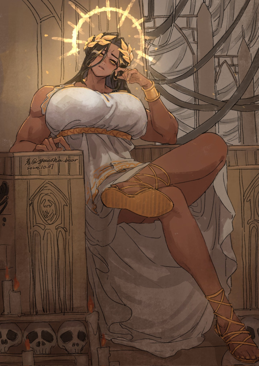 armlet breasts candle dress emperor_of_mankind female genderswap_(mtf) glowing glowing_halo gold_armlet golden_eyes halo highres jewelry large_breasts laurel_crown muscular muscular_female rule_63 sandals sitting sitting_on_throne skull solo throne twitter_username warhammer_40k white_dress yuusha_bear