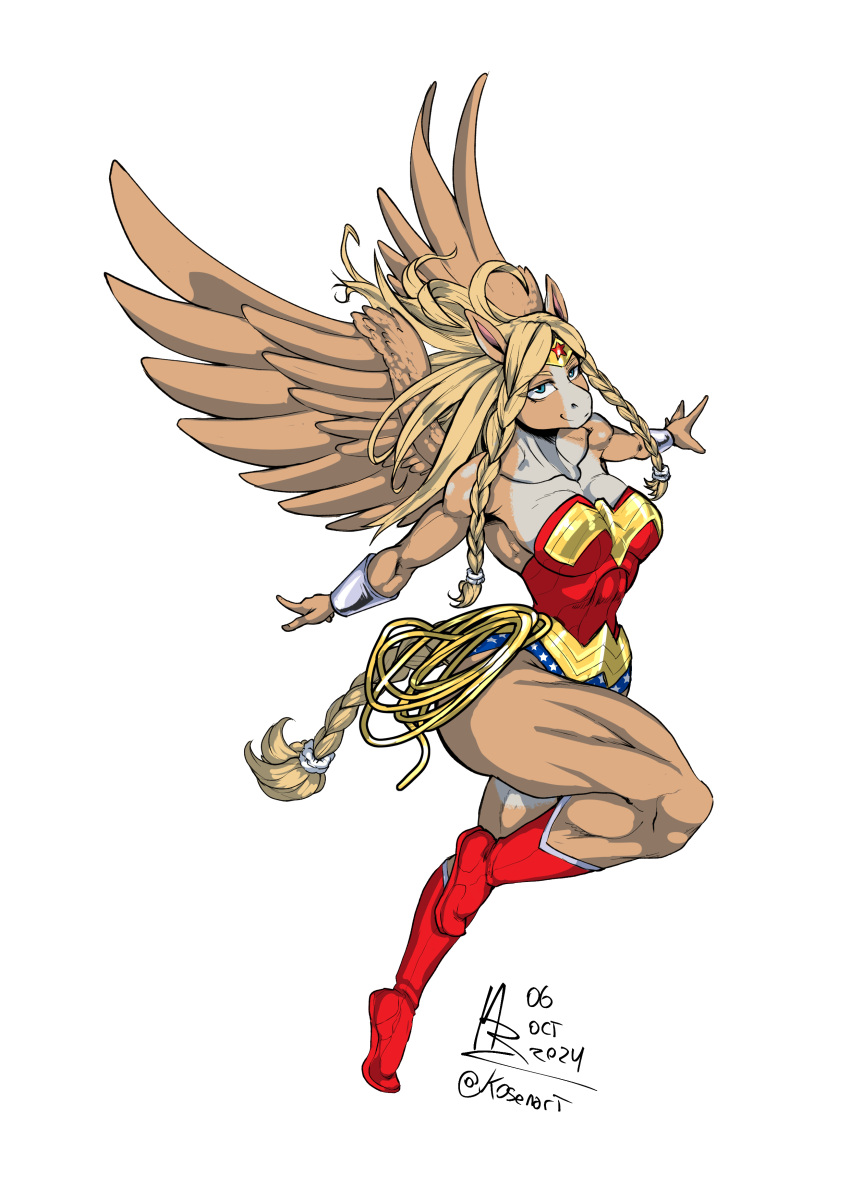 absurd_res anthro blonde_hair braided_hair braided_ponytail braided_tail cosplay crown equid equine female hair headgear hi_res kosenart mammal muscular muscular_anthro muscular_female mythological_creature mythological_equine mythology pegasus ponytail precious_(oc) rope solo tail tiara wings wonder_woman_(series)