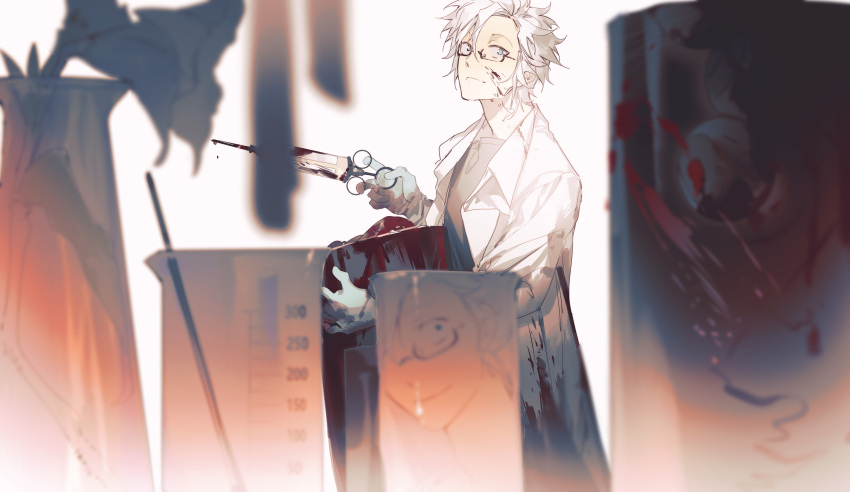 1boy absurdres beaker blood blood_on_clothes blue_eyes chinese_commentary closed_mouth commentary_request constricted_pupils flower glasses grey_shirt highres holding holding_syringe kanou_aogu lab_coat laizifeizhoudeqian large_syringe male_focus open_clothes oversized_object rectangular_eyewear saibou_shinkyoku semi-rimless_eyewear shirt short_hair smile syringe vase white_hair