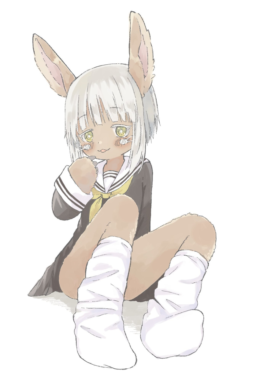 1other alternate_costume brown_fur commentary_request dress full_body furry green_eyes grey_hair highres loose_socks made_in_abyss nanachi_(made_in_abyss) nanoningen_(anapoko) other_focus short_dress smile socks solo whiskers white_socks