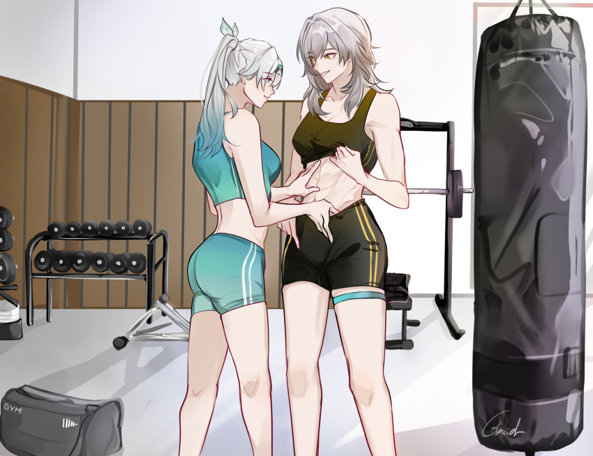 2girls abs bag barbell black_shorts black_sports_bra blue_hair blue_shorts blue_sports_bra bra bra_lift clothes_pull commentary commission duffel_bag english_commentary firefly_(honkai:_star_rail) glaciel gradient_hair grey_hair gym hand_on_another's_stomach highres honkai:_star_rail honkai_(series) looking_at_another multicolored_hair multiple_girls parted_lips ponytail punching_bag shorts shorts_pull skindentation smile sports_bra stelle_(honkai:_star_rail) thigh_strap toned_female trailblazer_(honkai:_star_rail) underwear weights yuri