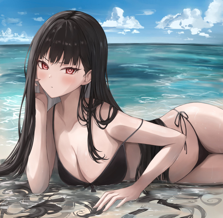 beach bikini black_bikini black_hair blue_archive breasts female highres long_hair pout red_eyes rio_(blue_archive) seaside swimsuit toua