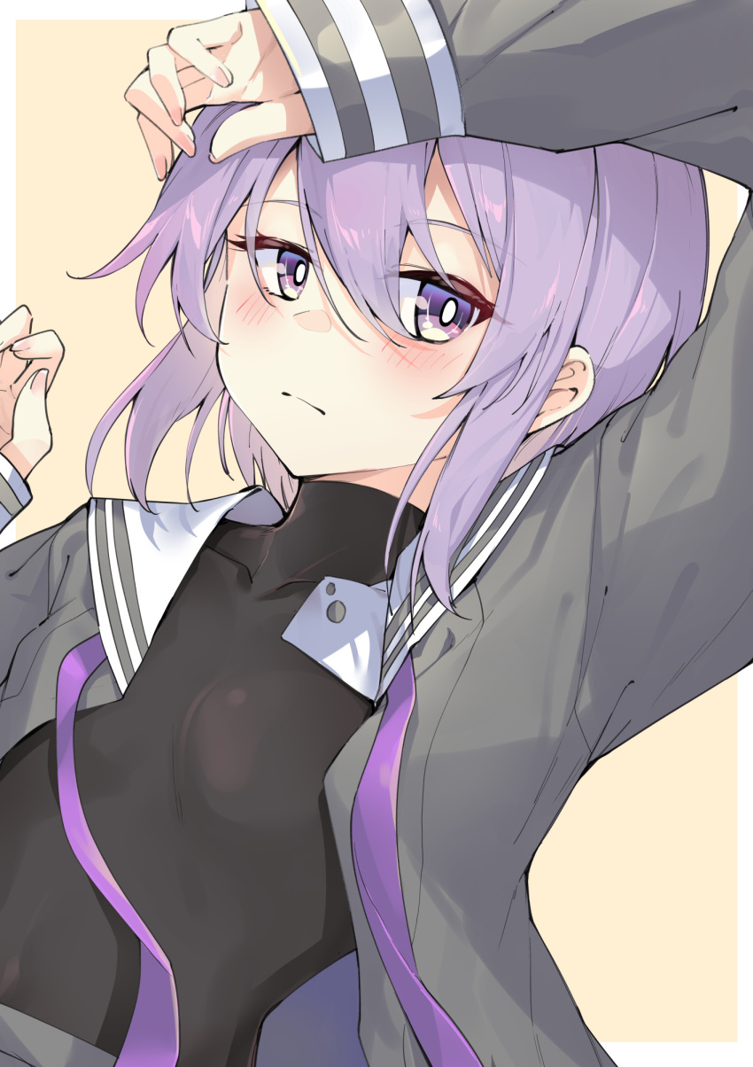 a.i._voice arm_up black_undershirt blush border breasts cleavage closed_mouth female grey_shirt hair_between_eyes highres long_sleeves looking_at_viewer lying open_clothes outside_border purple_eyes purple_hair ribbon sailor_collar school_uniform see-through_cleavage see-through_clothes serafuku shirt short_hair simple_background small_breasts solo upper_body voiceroid white_border yuzuki_yukari yuzuki_yukari_(shizuku) zooanime