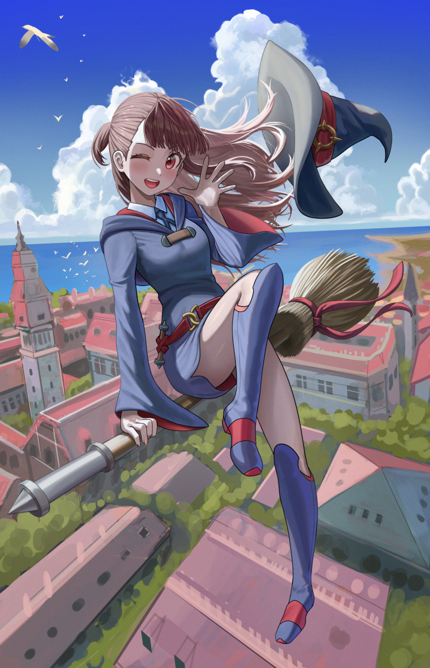 ;d absurdres bird blue_footwear blue_robe blue_sky boots broom broom_riding brown_hair building day female hat highres kagari_atsuko little_witch_academia long_hair luna_nova_school_uniform one_eye_closed outdoors red_eyes robe school_uniform silvertsuki simple_bird sky smile solo town witch_hat