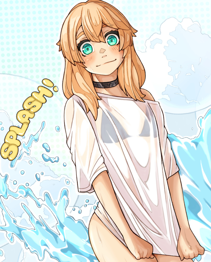 1boy absurdres blonde_hair blue_eyes breasts bridget choker guilty_gear guilty_gear_strive highres medium_breasts ocean otoko_no_ko see-through_clothes shirt sugajyun t-shirt translation_request waving