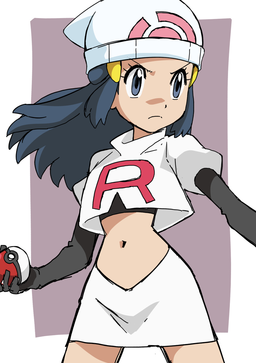 absurdres beanie black_gloves blue_eyes blue_hair closed_mouth dawn_(pokemon) elbow_gloves female frown gloves hainchu hat highres holding holding_poke_ball long_hair midriff navel poke_ball pokemon pokemon_(anime) skirt solo team_rocket team_rocket_uniform white_hat white_skirt