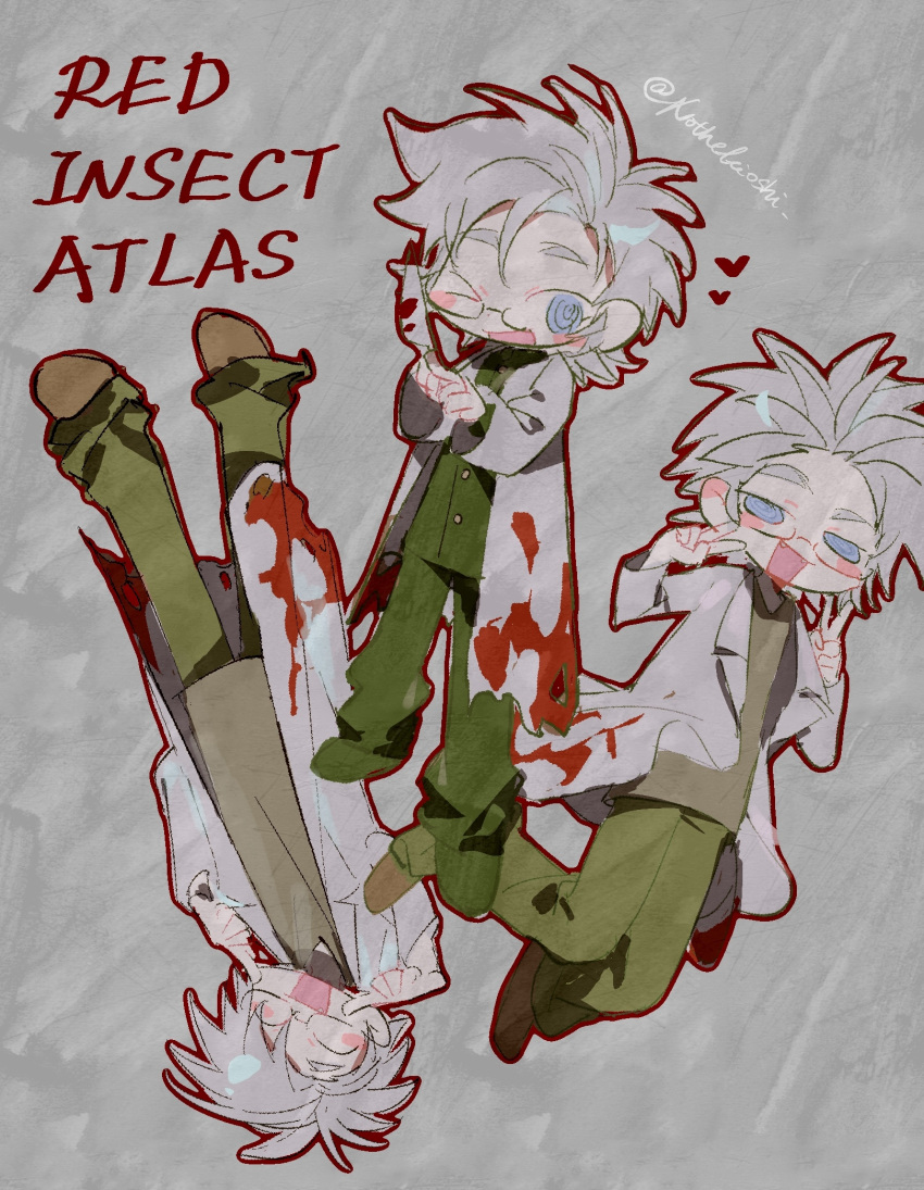 >_o 1boy blood blood_on_weapon blue_eyes blush_stickers brown_footwear brown_shirt chibi chibi_only chinese_commentary closed_eyes commentary_request deformed fangs fingers_to_cheeks glasses green_footwear green_jacket green_pants grey_background grey_hair heart highres holding holding_knife jacket kanou_aogu kiyoshi_st knife lab_coat lapels long_sleeves male_focus multiple_views one_eye_closed open_clothes open_mouth pants ringed_eyes saibou_shinkyoku semi-rimless_eyewear shirt short_hair smile weapon