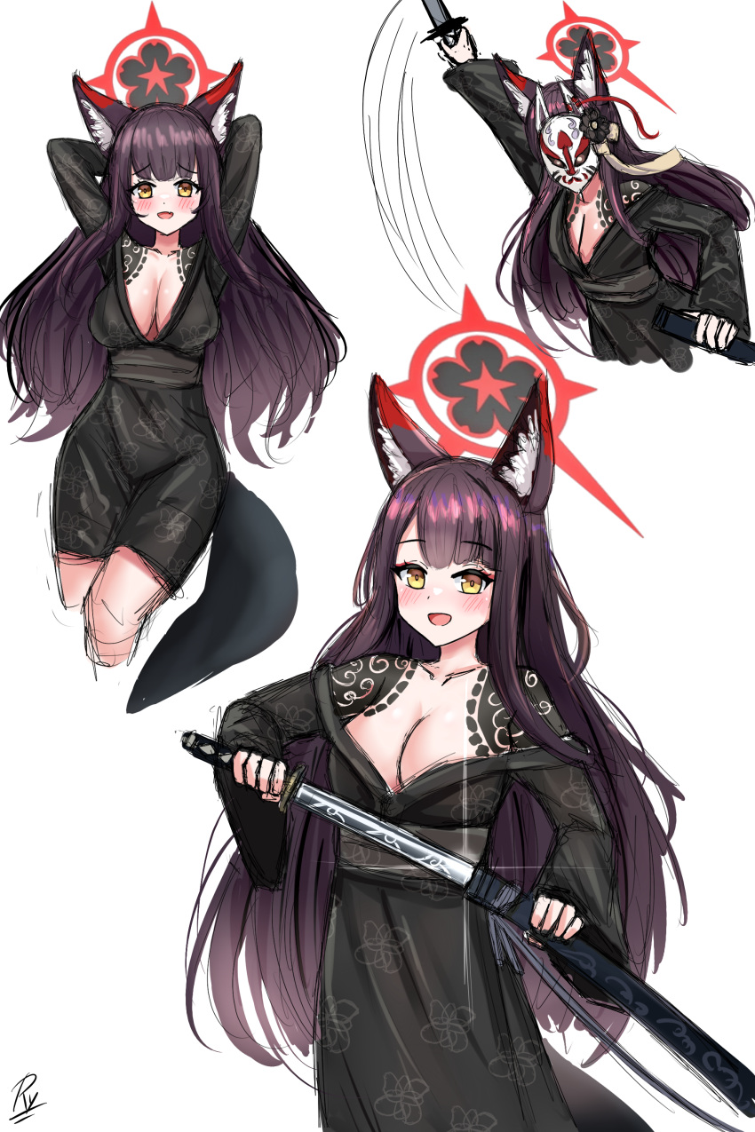 :d absurdres animal_ear_fluff animal_ears arms_behind_head arms_up bare_shoulders black_kimono blue_archive blush breasts brown_eyes brown_hair cleavage commentary english_commentary female fox_ears fox_mask halo highres holding holding_sheath holding_sword holding_weapon japanese_clothes katana kimono library_of_ruina limbus_company long_hair mask medium_breasts multiple_views obi off_shoulder project_moon rylaera sash sheath sheathing simple_background slashing smile sword very_long_hair wakamo_(blue_archive) weapon white_background