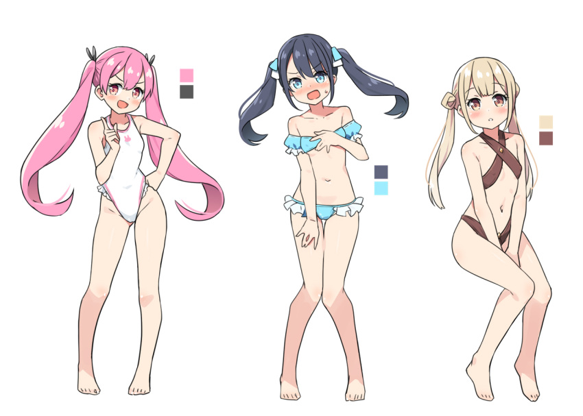 3girls :d bare_arms bare_legs bare_shoulders barefoot bikini black_hair black_ribbon blue_bikini blue_eyes blush breasts brown_bikini brown_eyes collarbone color_guide double_bun frilled_bikini frilled_one-piece_swimsuit frills hair_between_eyes hair_bun hair_ribbon hand_up hatsunatsu light_brown_hair multiple_girls navel one-piece_swimsuit original pink_hair red_eyes ribbon sitting small_breasts smile standing swimsuit twintails v-shaped_eyebrows white_bikini white_one-piece_swimsuit