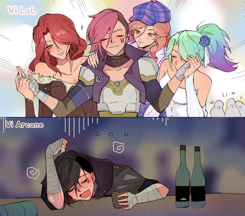 akali arcane:_league_of_legends arcane_vi bar_(place) black_hair blurry blurry_background bottle breasts caitlyn_(league_of_legends) cleavage comparison crowd crystal_rose_akali depressed drunk flower hair_flower hair_ornament harem hat heart heartthrob_caitlyn highres league_of_legends miss_fortune_(league_of_legends) official_alternate_costume official_alternate_hairstyle pink_hair ponytail red_hair vi_(league_of_legends) violnyx yuri