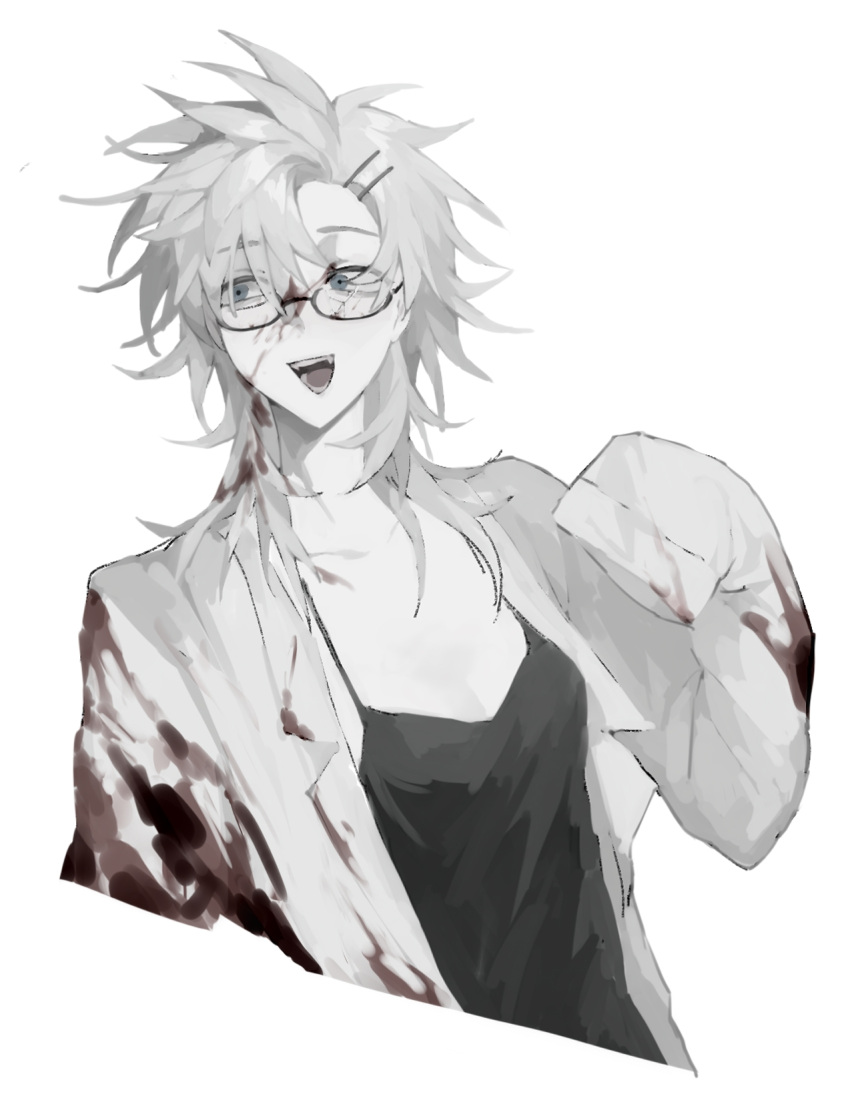 black_camisole blood blood_in_hair blood_on_clothes blood_on_face blue_eyes breasts camisole chinese_commentary cleavage colored_skin commentary_request cropped_torso female genderswap_(mtf) glasses grey_hair hair_ornament hairclip hand_up highres kanou_aogu lab_coat lapels long_hair long_sleeves open_clothes rule_63 saibou_shinkyoku simple_background sleeves_past_fingers sleeves_past_wrists small_breasts solo white_background white_skin xivm1111