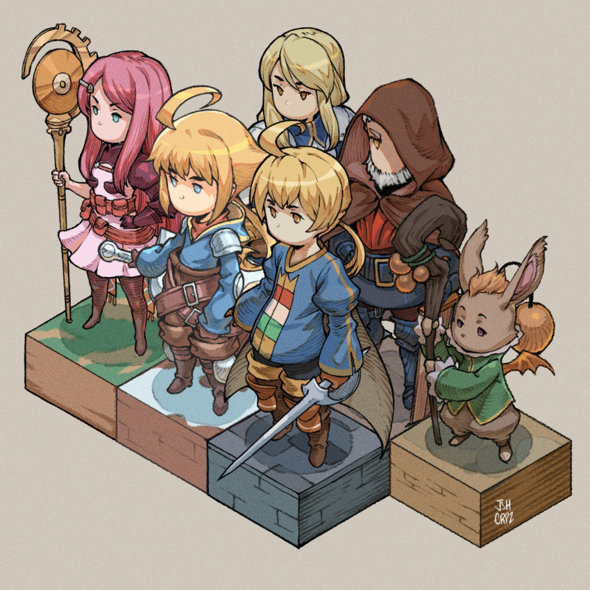 2girls 3d 4boys agrias_oaks ahoge animal_ears armor beard belt belt_pouch black_armor blonde_hair blue_eyes blue_shirt brown_cape brown_eyes brown_footwear brown_hood cape cidolfus_orlandeau cube demon_wings dress elbow_pads facial_hair final_fantasy final_fantasy_tactics final_fantasy_tactics_advance furry furry_male gauntlets grey_background highres holding holding_staff holding_sword holding_weapon hood huge_ahoge huge_weapon josh_corpuz knee_pads latex long_beard long_hair marche_radiuju montblanc moogle multiple_boys multiple_girls no_mouth nose ponytail pouch purple_armor purple_dress purple_hair rabbit_ears ramza_beoulve ritz_malheur shirt short_hair shoulder_armor signature staff strap sword weapon white_hair wings yellow_eyes