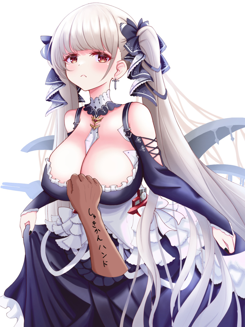 azur_lane bare_shoulders between_breasts black_dress black_nails breasts cleavage clothing_cutout cross cross_earrings disembodied_hand dress earrings female flight_deck formidable_(azur_lane) frilled_dress frills grey_hair highres jewelry kokonoe910 large_breasts long_hair looking_at_viewer necktie necktie_between_breasts red_eyes ribbon shoulder_cutout simple_background skirt_hold solo twintails two-tone_dress two-tone_ribbon very_long_hair