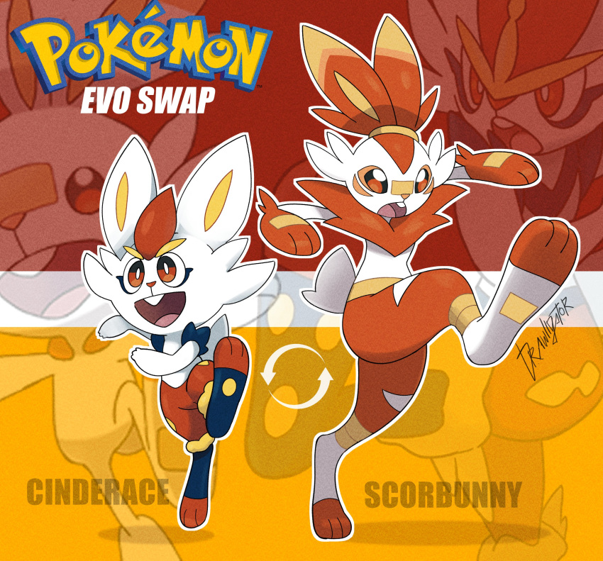 ambiguous_gender anthro biped buckteeth cinderace drawligator duo evolution_swap fakemon fur generation_8_pokemon hi_res lagomorph mammal nintendo open_mouth open_smile pokemon pokemon_(species) scorbunny scut_tail short_tail smile tail teeth white_body white_fur