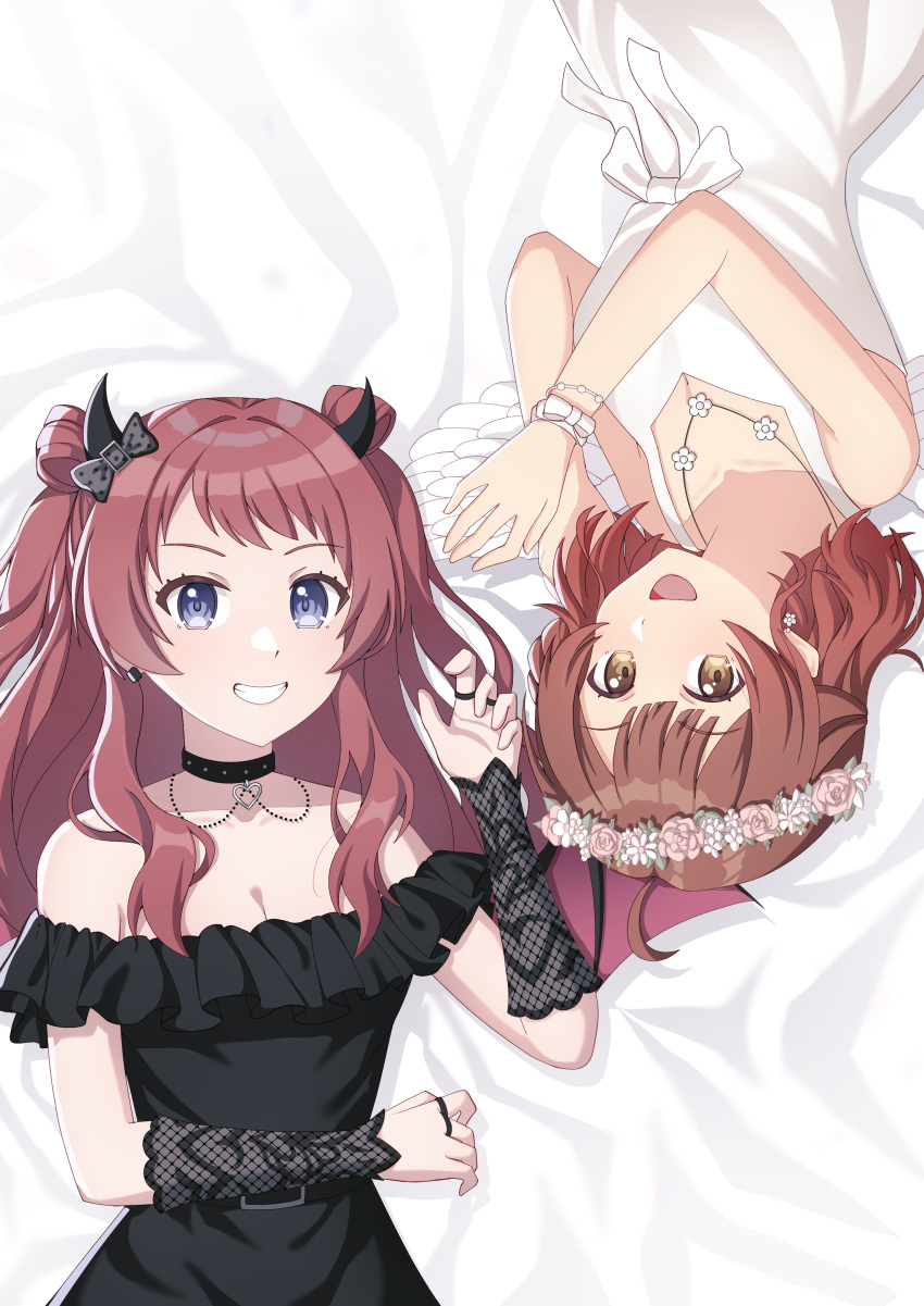 2girls :d absurdres bare_shoulders bed_sheet black_choker black_dress blue_eyes brown_hair choker dress fake_horns gakuen_idolmaster grin hanami_saki hanami_ume highres horns idolmaster kumapako long_hair looking_at_viewer multiple_girls off-shoulder_dress off_shoulder open_mouth shuangyaji sleeveless sleeveless_dress smile two_side_up upper_body upside-down white_dress