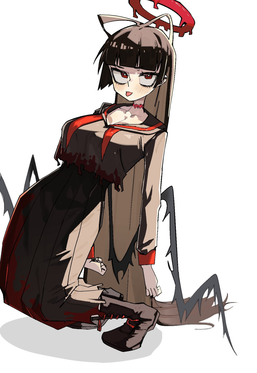 antenna_hair black_hair black_serafuku black_skirt black_wings blood blood_halo blood_on_clothes blue_archive breasts cleavage female go_d_e halo highres large_breasts liquid_halo long_hair neckerchief red_eyes school_uniform serafuku simple_background skirt solo tongue tongue_out tsurugi_(blue_archive) undone_neckerchief very_long_hair white_background wings