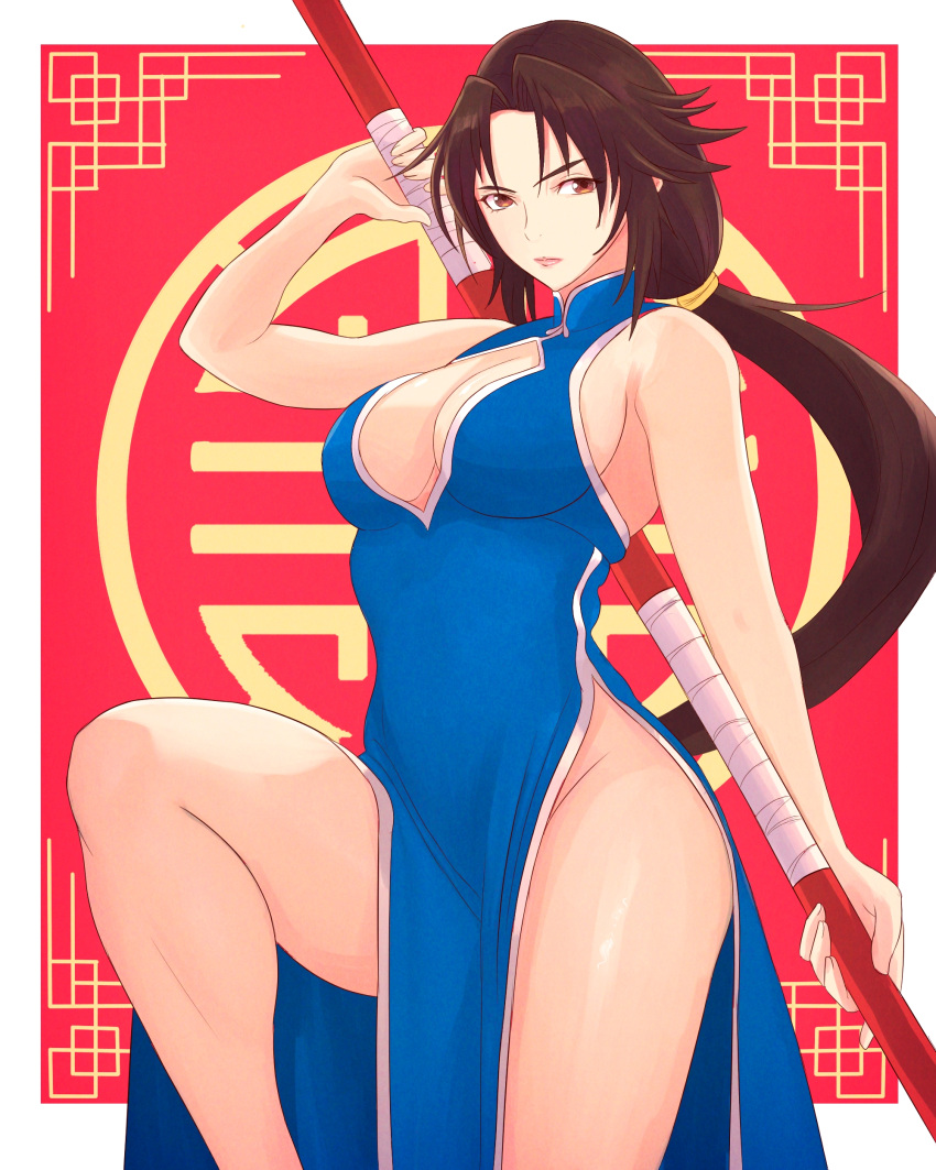 absurdres bare_shoulders blue_dress bo_staff breasts brown_eyes brown_hair china_dress chinese_clothes cleavage cleavage_cutout closed_mouth clothing_cutout collared_dress commission cowboy dress female fighting_stance hairband highres holding holding_behind_back hong_xiu_ying knee_up long_hair looking_at_viewer low-tied_long_hair multicolored_background pelvic_curtain red_background second-party_source serious shenmue shenmue_ii shenmue_the_animation sideboob sleeveless sleeveless_dress solo thighs truejekart very_long_hair yellow_hairband