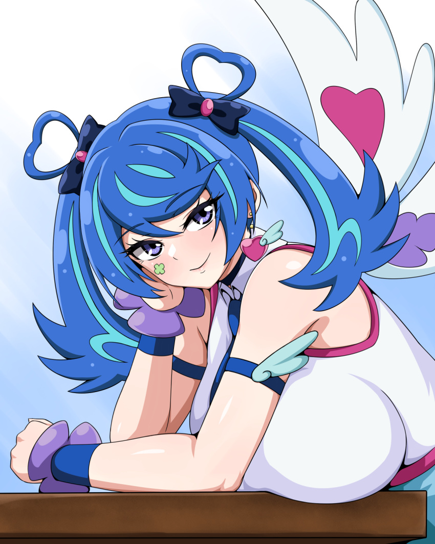 against_table armlet blue_angel_(yu-gi-oh!) blue_background blue_eyes blue_hair blue_necktie blue_wrist_cuffs bow breast_rest breasts breasts_on_table closed_mouth earrings female gradient_background hair_rings hairbow head_rest heart heart_earrings highres jewelry large_breasts leaning_forward led_(pixiv190491) medium_hair multicolored_hair necktie shiny_skin shirt simple_background sleeveless sleeveless_shirt smile solo streaked_hair table two-tone_hair upper_body white_shirt white_wings wings wrist_cuffs yu-gi-oh! yu-gi-oh!_vrains zaizen_aoi