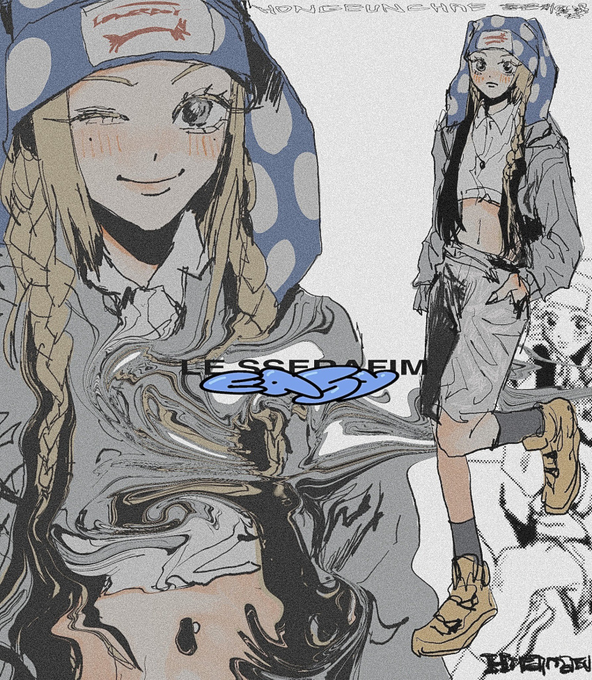 animal_ear_headwear animification beanie black_socks blonde_hair blue_hat braid copyright_name cropped_shirt female grey_shorts hat highres hira_kumatsu hong_eun-chae k-pop le_sserafim looking_at_viewer midriff mole mole_under_eye multiple_views navel one_eye_closed polka_dot_headwear real_life shoes shorts sneakers socks song_name twin_braids yellow_footwear