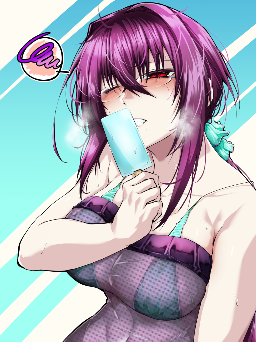 bikini breasts dress fate/grand_order fate_(series) female food glasses hair_ornament hair_scrunchie highres hot ice_cream large_breasts long_hair navel one_eye_closed purple_hair red_eyes scathach_(fate) scathach_skadi_(fate) scathach_skadi_(swimsuit_ruler)_(fate) scathach_skadi_(swimsuit_ruler)_(second_ascension)_(fate) scrunchie see-through_clothes see-through_dress swimsuit tgxx3300