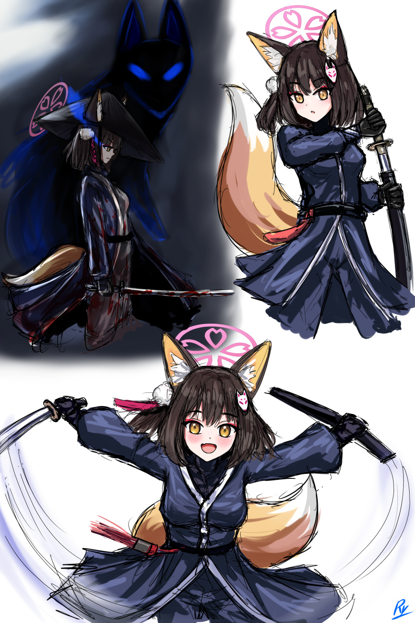 absurdres animal_ear_fluff animal_ears black_hair black_hat black_shirt blood blood_on_clothes blood_on_weapon blue_archive blue_eyes blue_jacket blue_pants blush breasts brown_eyes commentary ears_through_headwear english_commentary female fox_ears fox_girl fox_mask fox_tail halo hat highres holding holding_sheath holding_sword holding_weapon inktober izuna_(blue_archive) jacket jingasa library_of_ruina limbus_company mask mask_on_head medium_breasts multiple_views one_side_up pants parted_lips profile project_moon rylaera sheath shirt signature slashing sword tail unsheathing weapon white_background