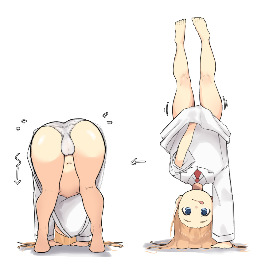 absurdres all_fours ass blonde_hair blue_eyes cleft_of_venus female handstand highres lab_coat long_hair lycoris_challenge_(meme) meme navel necktie nichijou one_arm_handstand panties professor_shinonome pussy red_necktie simple_background tongue tongue_out underwear upside-down white_background white_panties zlix0n