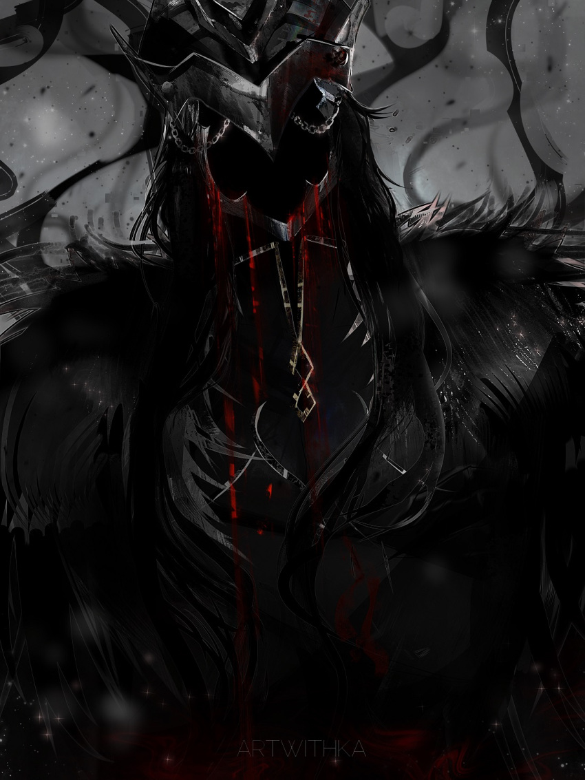 1boy artwithka black_fur black_hair black_helmet blood blood_on_clothes capitano_(genshin_impact) dripping_blood faceless faceless_male fur_trim genshin_impact greyscale helmet high_collar highres long_hair male_focus monochrome solo spot_color twitter_username upper_body