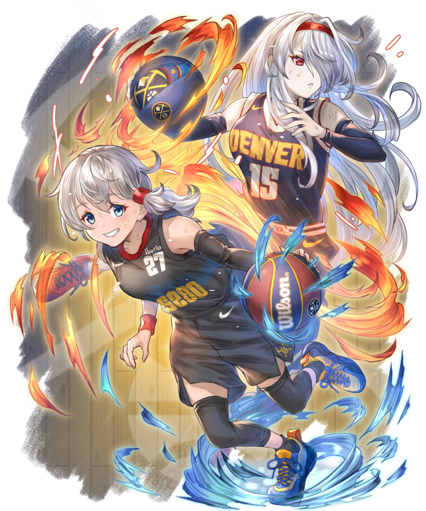 2girls azur_lane ball basketball basketball_(object) basketball_court basketball_uniform colorado_(azur_lane) denver_(azur_lane) denver_nuggets detached_sleeves dribbling_(basketball) energy full_body hair_over_one_eye hairband highres jamal_murray leg_warmers logo multiple_girls name_connection national_basketball_association nike_(company) nikola_jokic shoes single_detached_sleeve sneakers sportswear wilson_sporting_goods wooden_floor wristband yakkuro