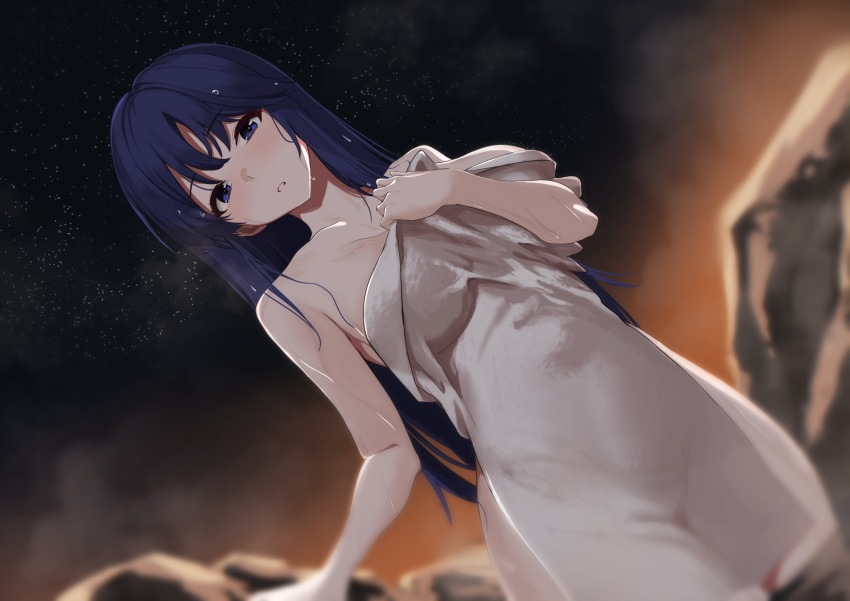 black_hair blue_eyes blurry blush breasts cleavage collarbone covering_privates depth_of_field dutch_angle female fuuraiki hand_on_own_chest highres large_breasts long_hair looking_at_viewer night nude nude_cover onsen oregano_(olgn_eao) outdoors parted_lips rock sky solo star_(sky) starry_sky steam tokisaka_itsuki